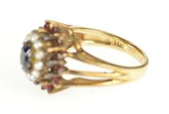 14K Yellow Gold Retro Sapphire Garnet Seed Pearl Halo Cocktail Ring