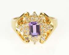 14K Yellow Gold 1.42 Ctw Emerald Cut Amethyst Diamond Cluster Ring