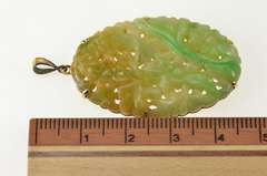 14K Yellow Gold Ornate Oval Carved Jadeite Flower Floral Motif Pendant