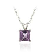 Sterling Silver 1.65ct TGW Amethyst 7mm Square Solitaire Pendant, 18"