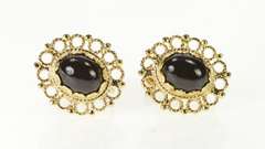 14K Yellow Gold Retro Black Onyx Cabochon Filigree Screw Back Earrings