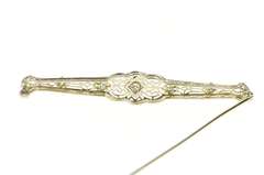 14K White Gold Art Deco Geometric Filigree Diamond Bar Pin/Brooch