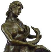 Woman and Swan Bronze Statue on Marble Base Sculpture