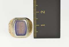 14K Yellow Gold Art Deco Etched Blue Chalcedony Monogram Ring