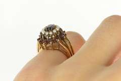 14K Yellow Gold Retro Sapphire Garnet Seed Pearl Halo Cocktail Ring