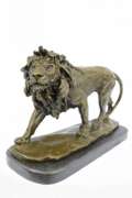 Large Ferocious Male African Lion Bronze Sculpture Marble Base