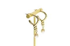 14K Yellow Gold Retro Twist Semi Hoop Pearl Drop Dangle Earrings