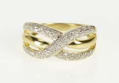 14K Yellow Gold Pave Diamond Encrusted Tiered Criss Cross Ring