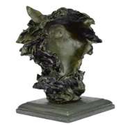 Wolf Head Bust Wild Life Figurine Marble Base Bronze Statue