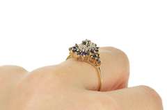 14K Yellow Gold Oval Sapphire Diamond Halo Cluster Cocktail Ring