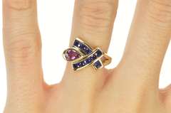 10K Yellow Gold Pear Syn. Ruby & Sapphire Criss Cross Statement Ring