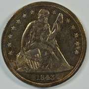 Scarce AU 1843 No Motto Liberty Seated Silver Dollar