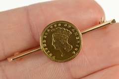 14K Yellow Gold 1857 Indian Princess Head Dollar Coin Bar Pin/Brooch