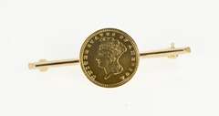 14K Yellow Gold 1857 Indian Princess Head Dollar Coin Bar Pin/Brooch