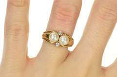 14K Yellow Gold Retro Two Pearl Diamond Accent Statement Ring
