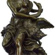 Woman and Swan Bronze Statue on Marble Base Sculpture