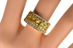18K Yellow Gold Princess Citrine CZ Channel Squared Halo Band Ring