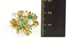 14K Yellow Gold 1960's Pearl Emerald Leaf Cluster Cocktail Ring