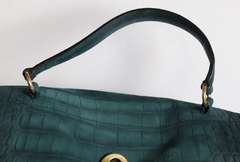 YSL Two Muse Green Croc Embossed Shoulder Bag