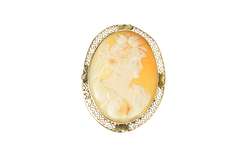 14K Yellow Gold Ornate Victorian Carved Lady Shell Cameo Pendant/Pin