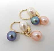Fabulous 14kt YG 3-Pearl Dangle Lever Back Earrings