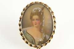 14K Yellow Gold Victorian Painted Lady Portrait Chain Pin/Brooch