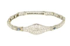 10K White Gold Diamond Syn. Sapphire Ornate Art Deco Bracelet