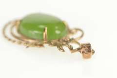 14K Yellow Gold Oval Green Nephrite Jade Swirl Floral Motif Pendant