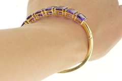 14K Yellow Gold Emerald Cut Amethyst Diamond Inset Bangle Bracelet