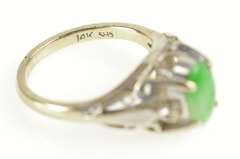 14K White Gold Oval Jade Diamond Accent Ornate Scroll Design Ring