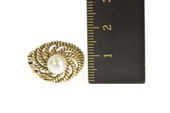 10K Yellow Gold Retro Rope Leaf Twist Pearl Cocktail Statement Ring