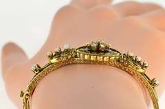 14K Yellow Gold Ornate Diamond Opal Statement Bangle Bracelet
