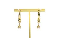 14K Yellow Gold Retro Twist Semi Hoop Pearl Drop Dangle Earrings