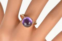 18K Yellow Gold Round Amethyst Cabochon Diamond Designer Ring