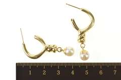 14K Yellow Gold Retro Twist Semi Hoop Pearl Drop Dangle Earrings