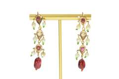 14K Yellow Gold Victorian Ruby Pearl Tourmaline Fringe Dangle Earrings