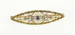 14K Yellow Gold Two Tone Filigree Floral Sapphire Art Deco Pin/Brooch