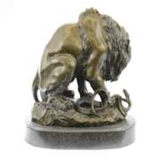 Lion and Snake Bronze Statue on Marble Base Sculpture