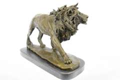 Large Ferocious Male African Lion Bronze Sculpture Marble Base