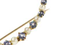 10K Yellow Gold Victorian Pearl Syn. Sapphire Crescent Moon Pin/Brooch