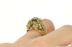 14K Yellow Gold 1960's Ornate Quartz Emerald Halo Cocktail Ring