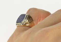 14K Yellow Gold Art Deco Etched Blue Chalcedony Monogram Ring