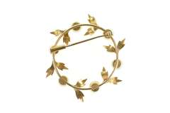 10K Yellow Gold Pearl Leaf Vine Circle Retro Statement Pin/Brooch