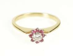 14K Yellow Gold Diamond Floral Ruby Halo Retro Engagement Ring
