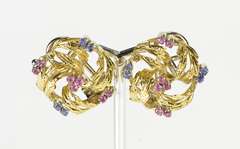 18K Yellow Gold 2/3 Ctw Ruby Sapphire Diamond Retro Wreath Earrings