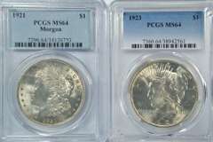PCGS MS64 graded 1921 Morgan & 1923 Peace Silver Dollar