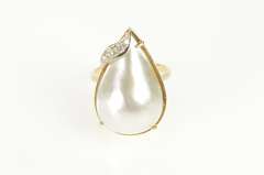 14K Yellow Gold Pear Pearl Diamond Accent Retro Statement Ring