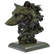 Wolf Head Bust Wild Life Figurine Marble Base Bronze Statue