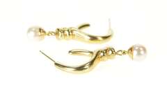 14K Yellow Gold Retro Twist Semi Hoop Pearl Drop Dangle Earrings