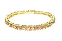 14K Yellow Gold Retro Floral Link Ruby Encrusted Statement Bracelet